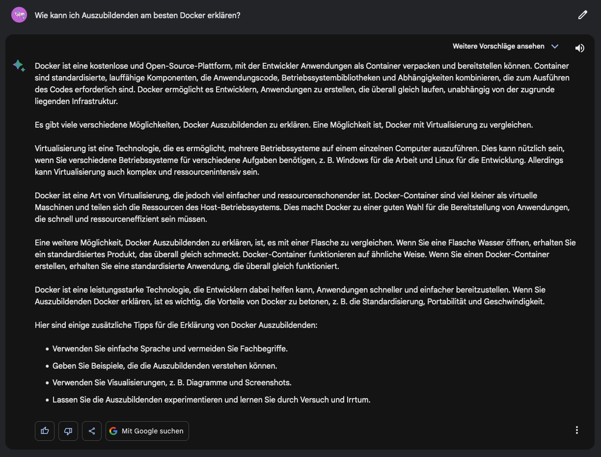 Erklärung von Docker für Auszubildende durch Google Bard